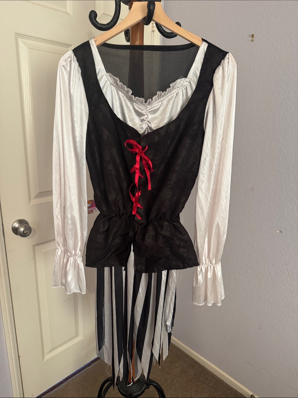 Women's Pirate Black & White Lace-Up Top with Red Ribbon Accent
